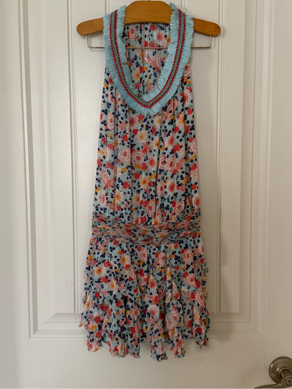 POUPETTE ST BARTH Beline Ruffle Mini Dress Fruit Print Girls L 10 Boho Resort